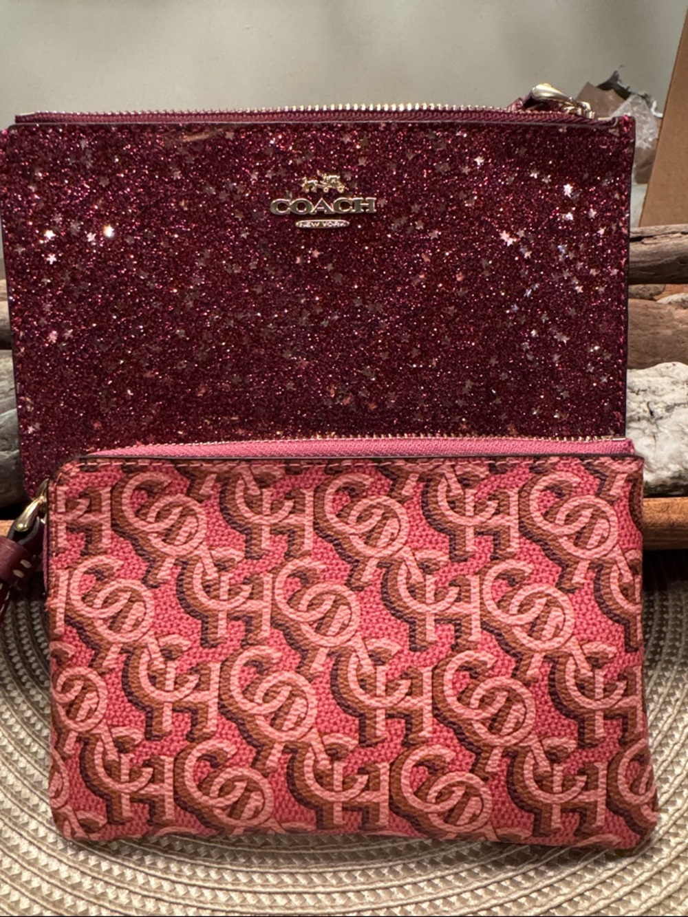 Coach Pink Glitter OR Pink Signature Monogram Wristlet -CHOOSE 1